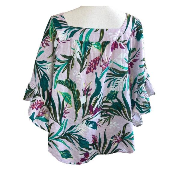 New Terra & Sky Women's Cotton Purple Tropical Peasant Top Plus 1X 16-18 - Picture 3 of 7